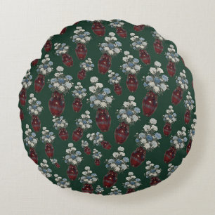 Chinoiserie Chrysathemums Vases Forest Green Round Pillow