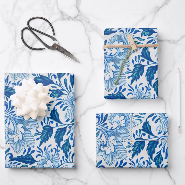 Chinoiserie Classic Asian Floral White Blue Wrapping Paper Sheets (Front)