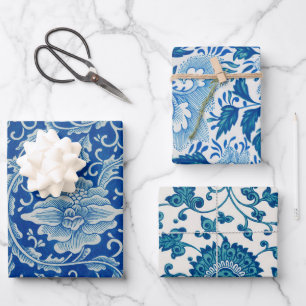 Chinoiserie Classic Chinese Floral Blue White Wrapping Paper Sheets