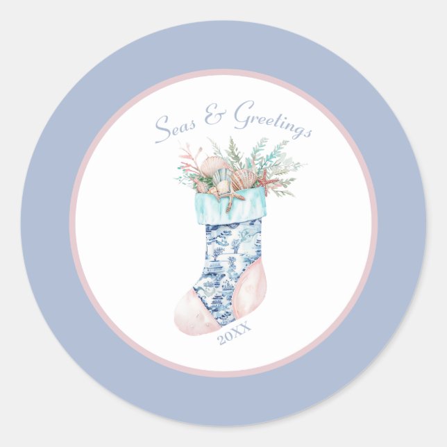 Chinoiserie Coastal Grandma Stocking Round  Classic Round Sticker (Front)