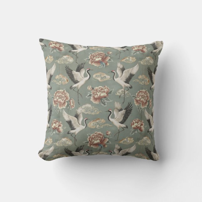 Chinoiserie Crane and Peony Floral Design Outdoor Pillow (Front)
