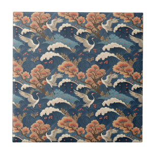 Chinoiserie Crane & Cherry Blossom Japanese Design Ceramic Tile