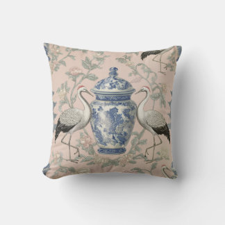 Chinoiserie Crane Ginger Jar Art Throw Pillow