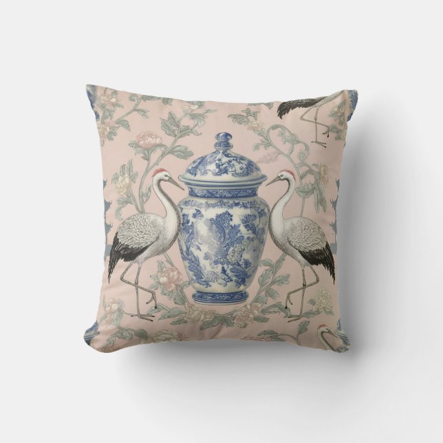 Chinoiserie Crane Ginger Jar Art Throw Pillow (Front)