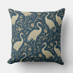 Chinoiserie Cranes Blue and Beige Throw Pillow