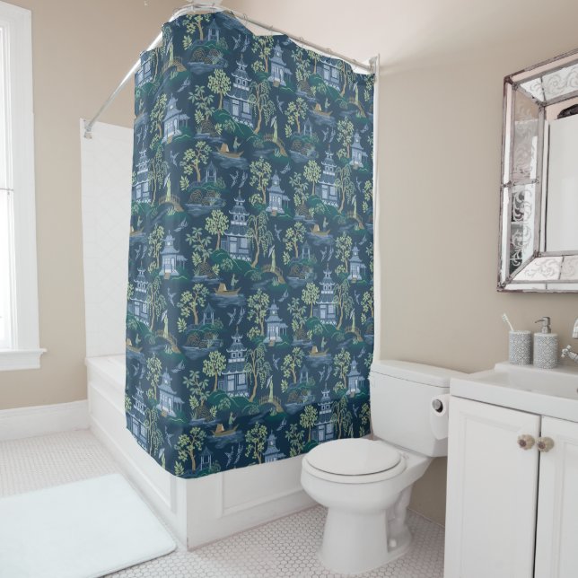 Chinoiserie Dark Blue Shower Curtain (In Situ)