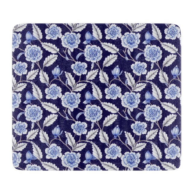 Chinoiserie Delft Blue Floral Porcelain Pattern Cutting Board (Front)