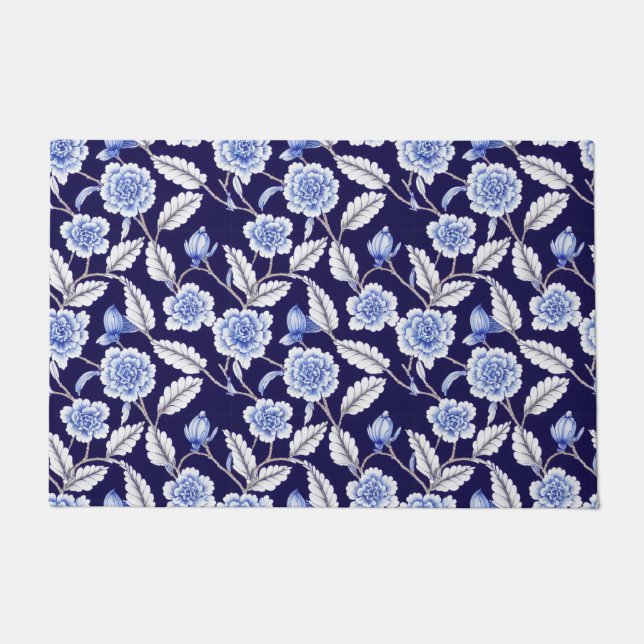 Chinoiserie Delft Blue Floral Porcelain Pattern Doormat (Front)