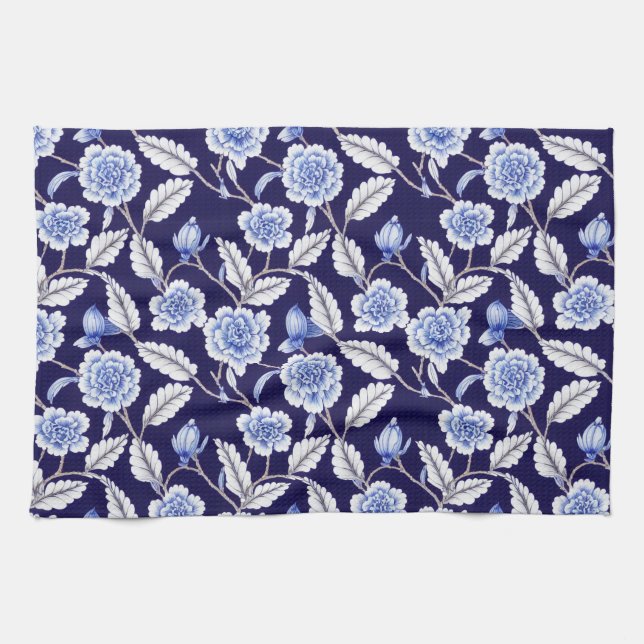 Chinoiserie Delft Blue Floral Porcelain Pattern Kitchen Towel (Horizontal)