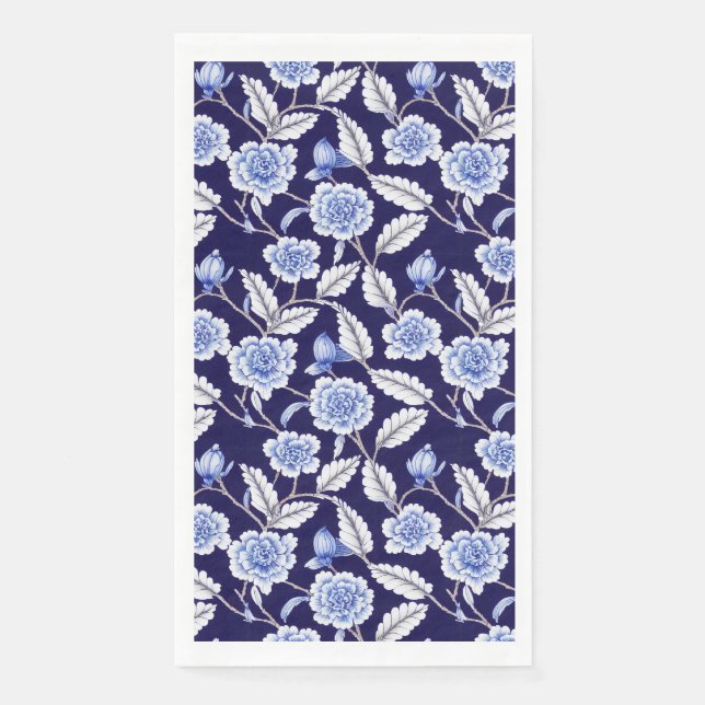 Chinoiserie Delft Blue Floral Porcelain Pattern Paper Guest Towels (Front)