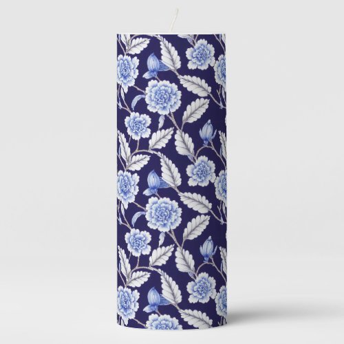 Chinoiserie Delft Blue Floral Porcelain Pattern Pillar Candle