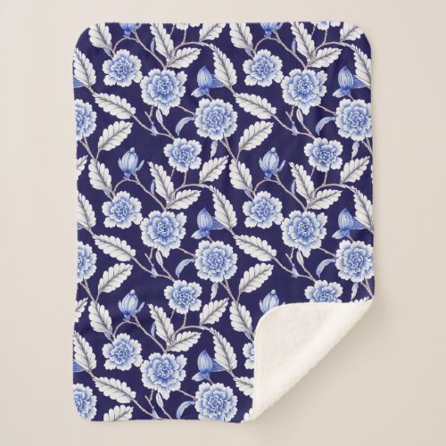 Chinoiserie Delft Blue Floral Porcelain Pattern Sherpa Blanket