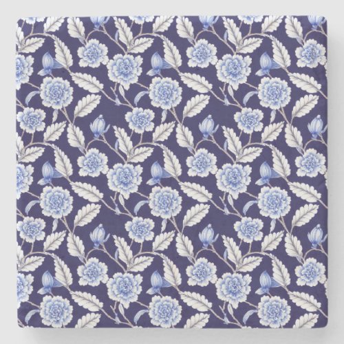 Chinoiserie Delft Blue Floral Porcelain Pattern Stone Coaster