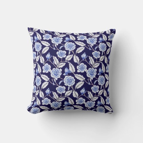 Chinoiserie Delft Blue Floral Porcelain Pattern Throw Pillow