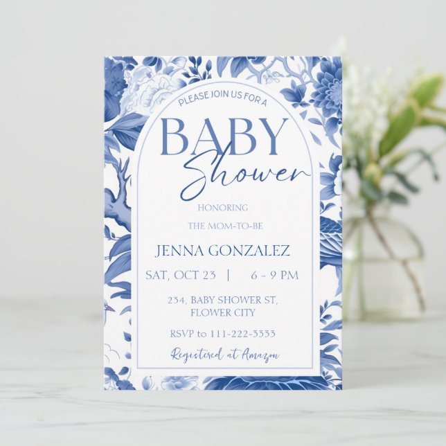 Chinoiserie Delft Blue White Baby Shower Invitation (Standing Front)