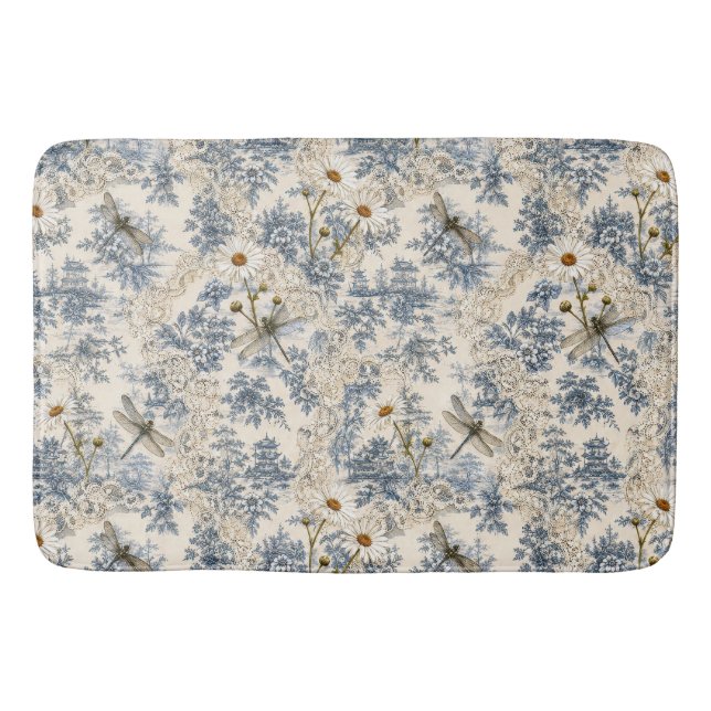 Chinoiserie Dragonflies, Daisies and Lace Bath Mat (Front)