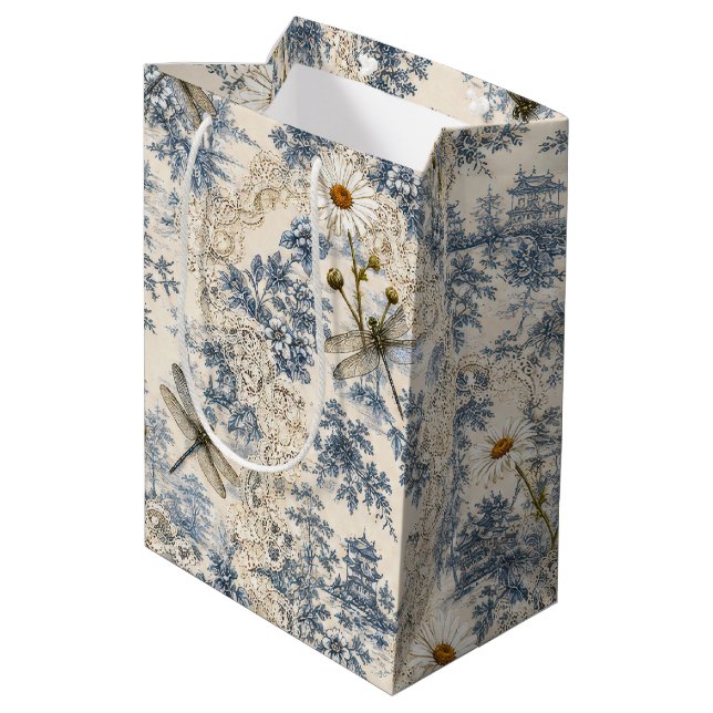 Chinoiserie Dragonflies, Daisies and Lace Medium Gift Bag (Back Angled)