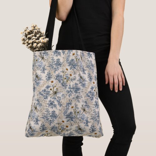 Chinoiserie Dragonflies, Daisies and Lace Tote Bag