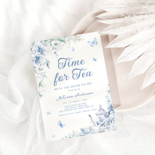 Chinoiserie Dusty Blue Botanical Bridal Tea Shower Invitation