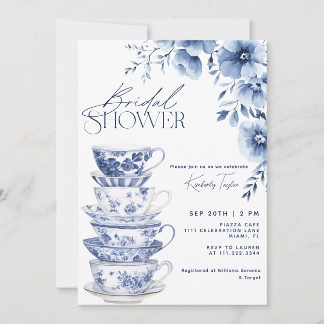 Chinoiserie Dusty Blue Floral Bridal Shower Invitation (Front)