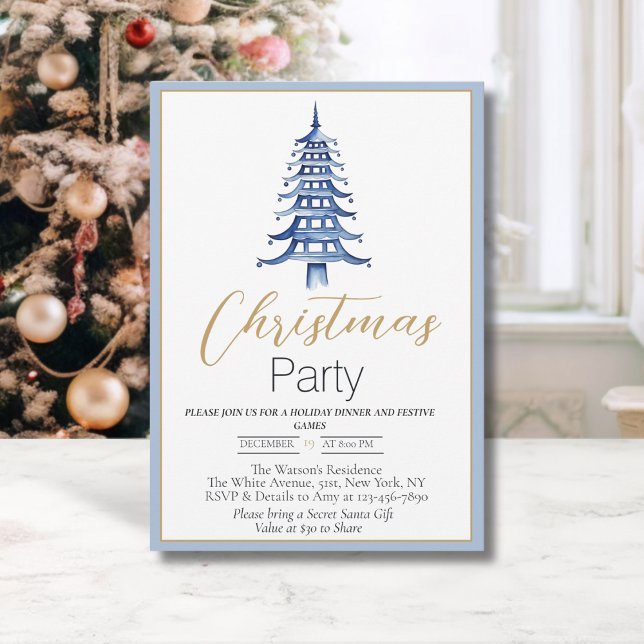 Chinoiserie dusty blue Pagoda Christmas Invitation (Chinoiserie Pagoda Christmas tree: Christmas Party invitation in dusty blue)