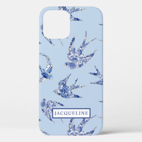 Chinoiserie Dusty Blue White Swallows Birds w Name iPhone 12 Case