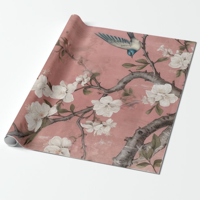 Chinoiserie Dusty Pink Cherry Blossom Background Wrapping Paper (Unrolled)