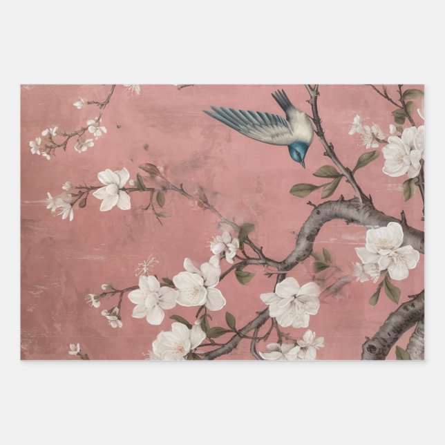 Chinoiserie Dusty Pink Cherry Blossom Background Wrapping Paper Sheets (Front)