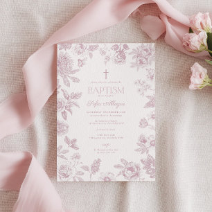 Chinoiserie Dusty Pink Toile Floral Baptism Invitation