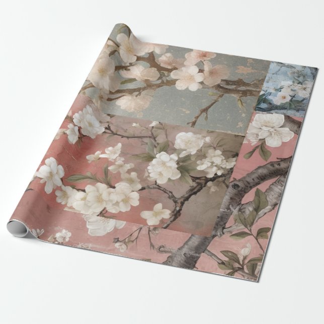 Chinoiserie Dusty Pinks & Blues Collage Wrapping Paper (Unrolled)