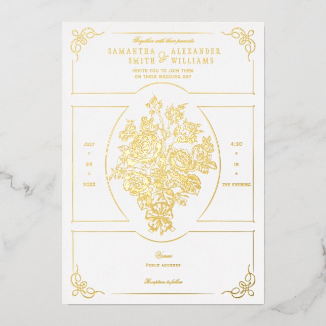 Chinoiserie Elegant Blue Bouquet Victorian Wedding Foil Invitation (Front)