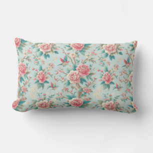 Chinoiserie Elegant Pink and Aqua Floral Bird Lumbar Pillow