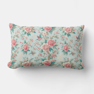 Chinoiserie Elegant Pink and Aqua Floral Bird Lumbar Pillow