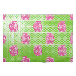 Chinoiserie Elephant on Bamboo - Hot Pink & Lime Cloth Placemat