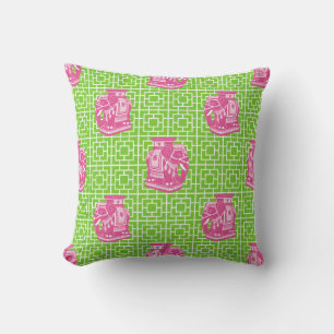 Chinoiserie Elephant on Bamboo - Hot Pink & Lime Throw Pillow