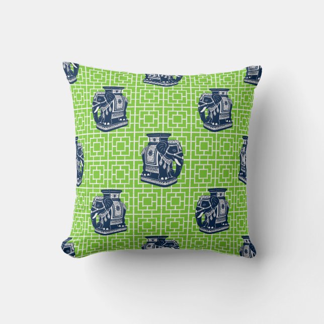 Chinoiserie Elephant on Bamboo - Navy & Lime Throw Pillow (Front)