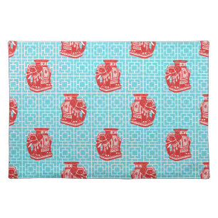 Chinoiserie Elephant on Bamboo - Red & Turquoise Cloth Placemat