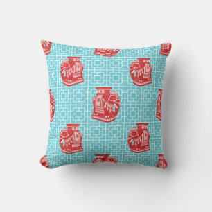 Chinoiserie Elephant on Bamboo - Red & Turquoise Throw Pillow