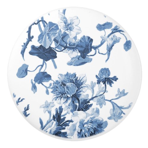 Chinoiserie English Rose Floral Delft Blue White  Ceramic Knob