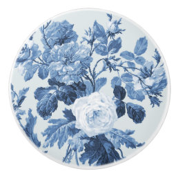 Chinoiserie English Rose Floral French Blue White  Ceramic Knob