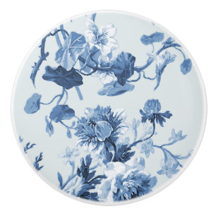 Chinoiserie English Rose Floral French Blue White Ceramic Knob