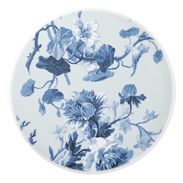 Chinoiserie English Rose Floral French Blue White  Ceramic Knob (Front)