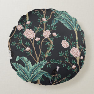Chinoiserie Exotic Birds: Vintage Banana Tree Wall Round Pillow