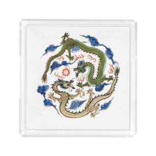 Chinoiserie Famille Verte Dragons Flaming Pearl Acrylic Tray