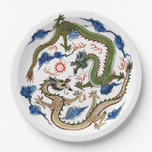 Chinoiserie Famille Verte Dragons Flaming Pearl Paper Plates