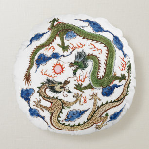 Chinoiserie Famille Verte Dragons Round Pillow
