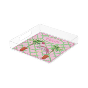 Chinoiserie Flamingo Palm Ginger Jar Jars Green  Acrylic Tray