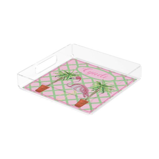 Chinoiserie Flamingo Palm Ginger Jar Jars Green  Acrylic Tray (Angled)