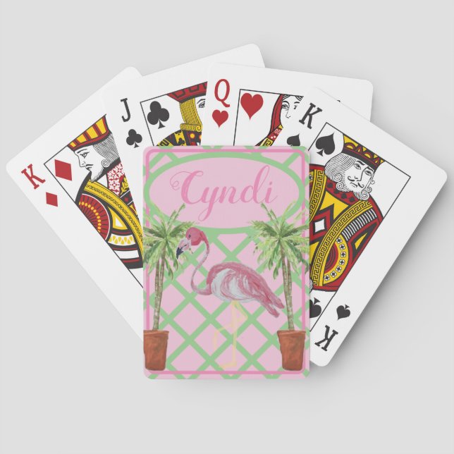 Chinoiserie Flamingo Palm Ginger Jar Jars Green Poker Cards (Back)