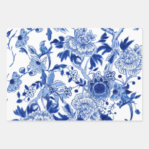 Chinoiserie Floral Bird Blue and White Decoupage Wrapping Paper Sheets